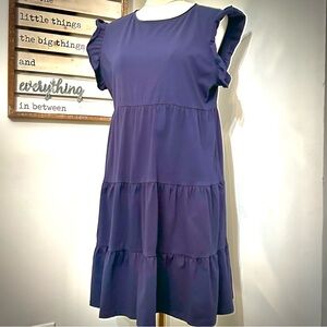 Womens Jersey Knit Dress Ruffle Sleeves Tiered Skirt in Dark Blue, Size Large